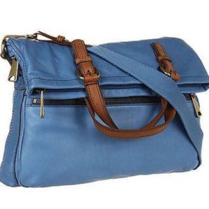 FOSSIL LEATHER BAG EXPLORER BRIGHT BLUE FOLDOVER TOTE CROSSBOSY MESSENGER BAG